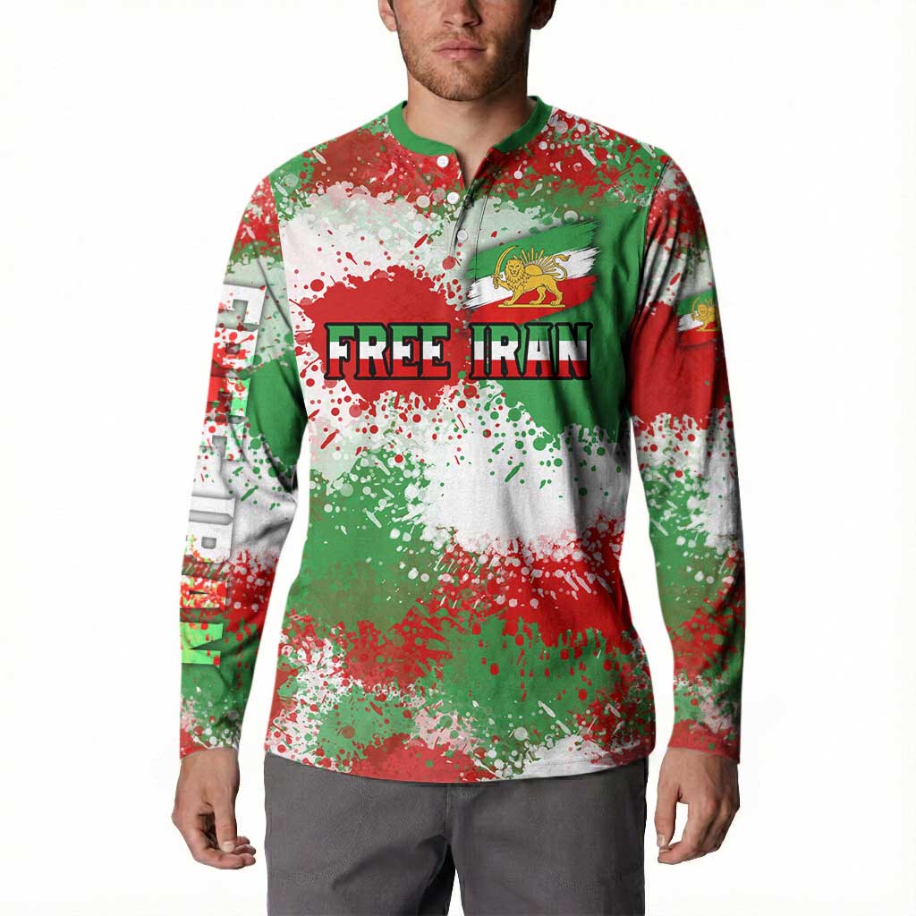 Free Iran Button Sweatshirt Lion and Sun Emblem Grunge Paint Splash Style
