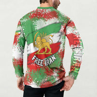 Free Iran Button Sweatshirt Lion and Sun Emblem Grunge Paint Splash Style