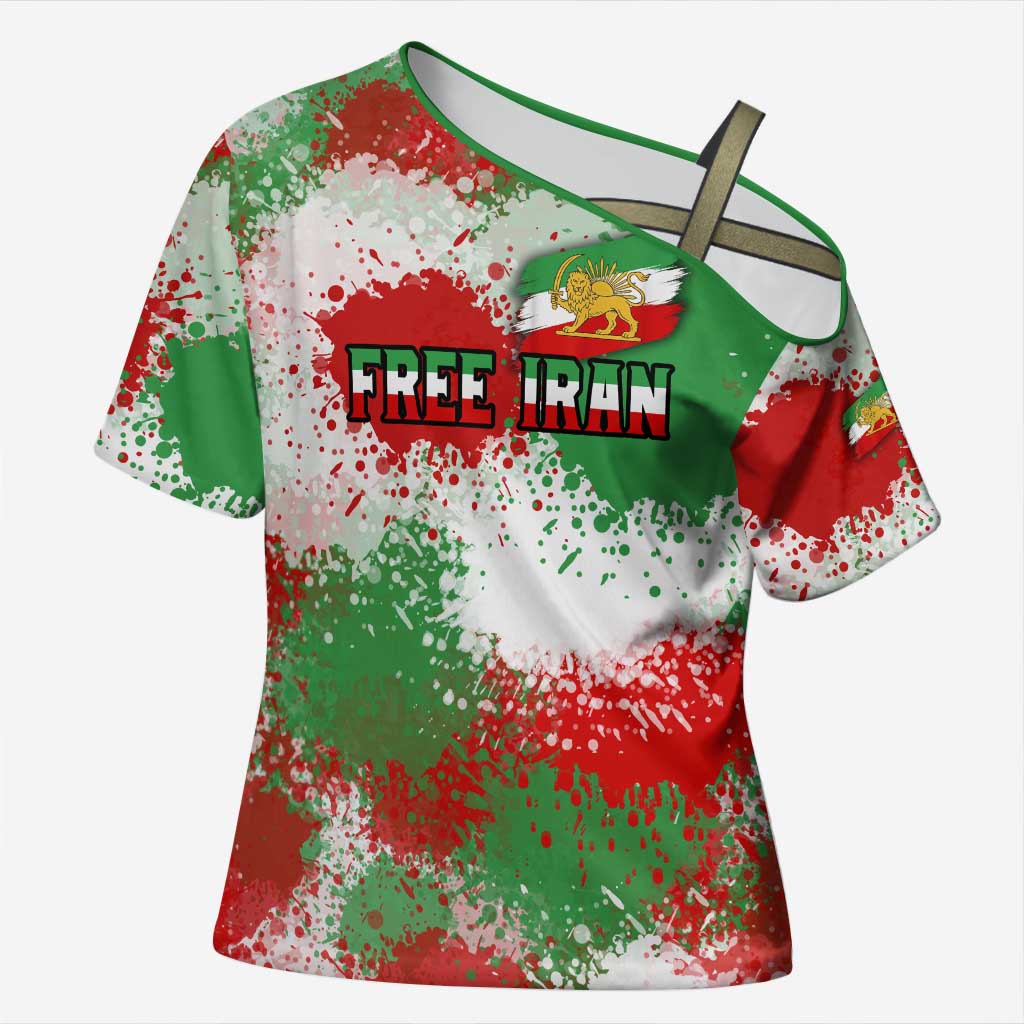 Free Iran Cross Shoulder Shirt Lion and Sun Emblem Grunge Paint Splash Style