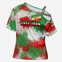 Free Iran Cross Shoulder Shirt Lion and Sun Emblem Grunge Paint Splash Style