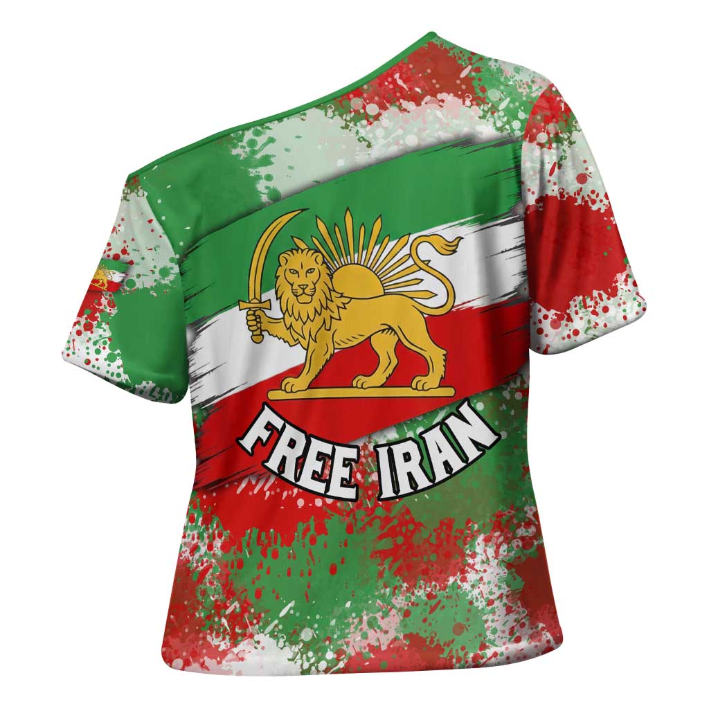 Free Iran Cross Shoulder Shirt Lion and Sun Emblem Grunge Paint Splash Style