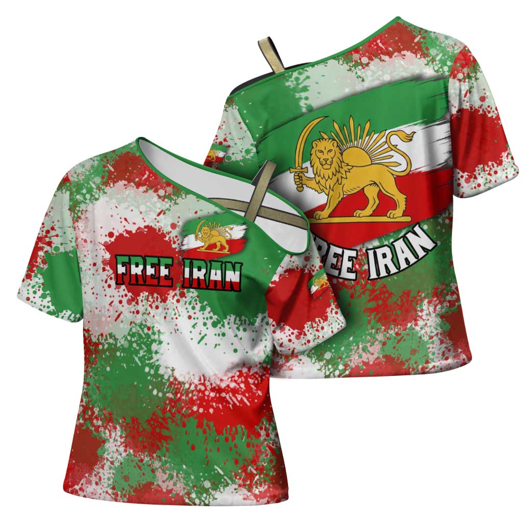 Free Iran Cross Shoulder Shirt Lion and Sun Emblem Grunge Paint Splash Style