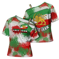 Free Iran Cross Shoulder Shirt Lion and Sun Emblem Grunge Paint Splash Style
