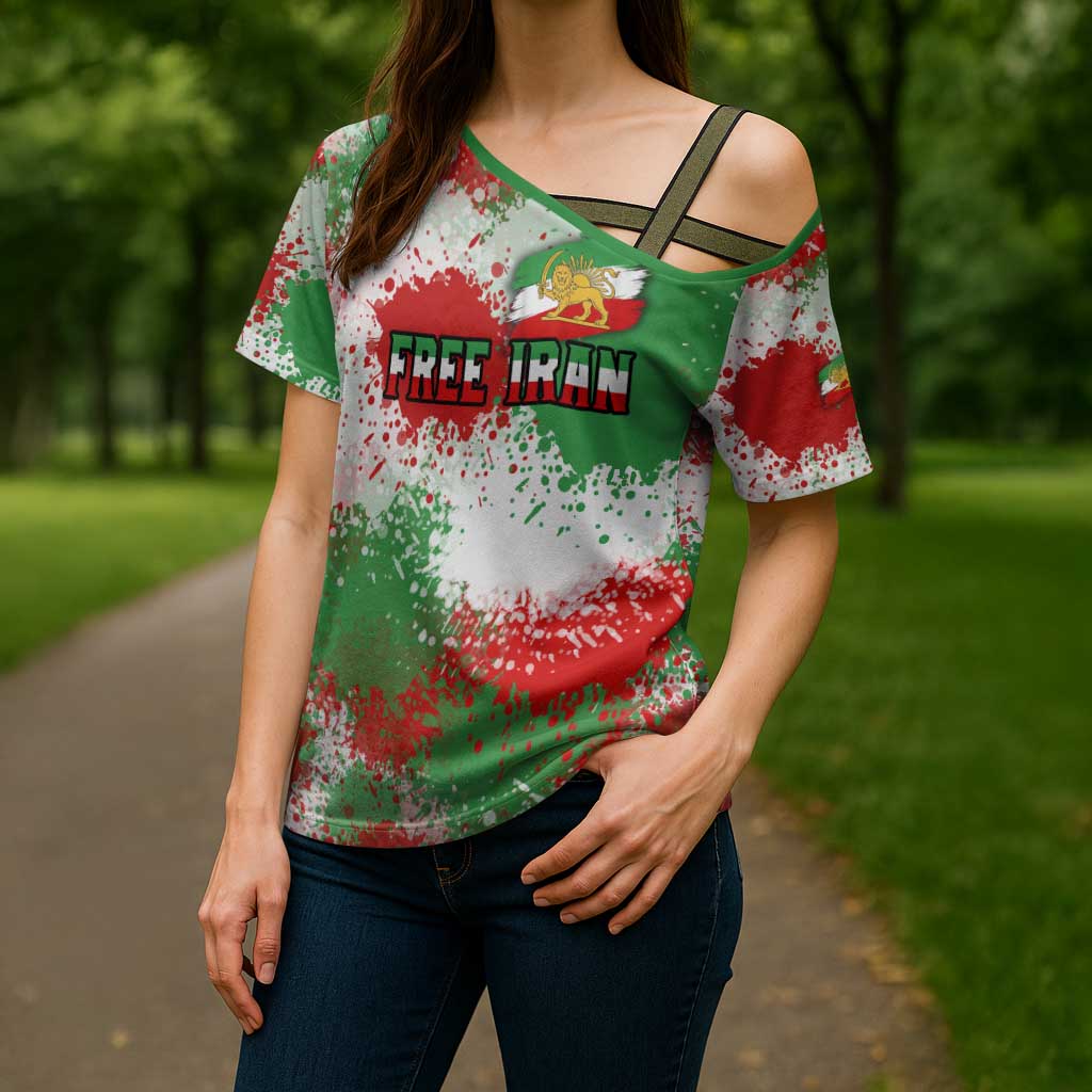 Free Iran Cross Shoulder Shirt Lion and Sun Emblem Grunge Paint Splash Style
