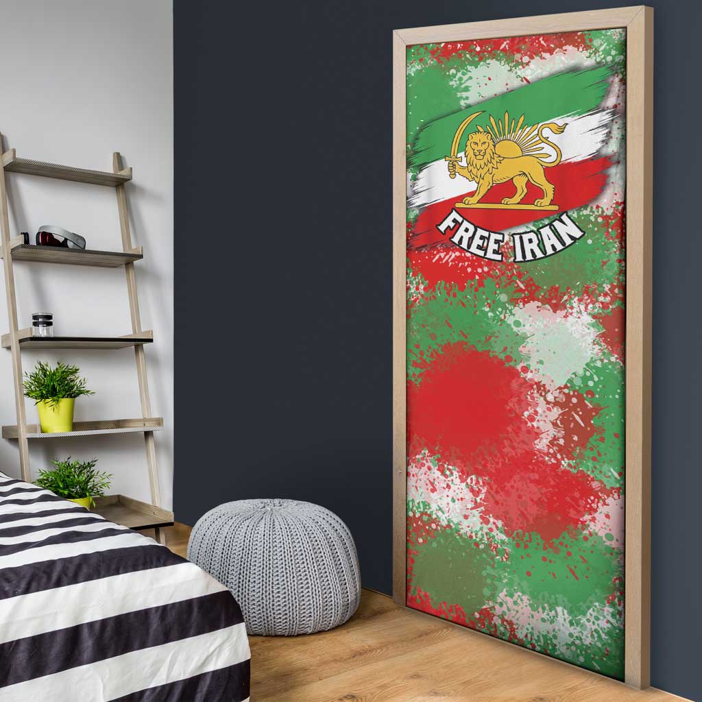 Free Iran Door Cover Lion and Sun Emblem Grunge Paint Splash Style