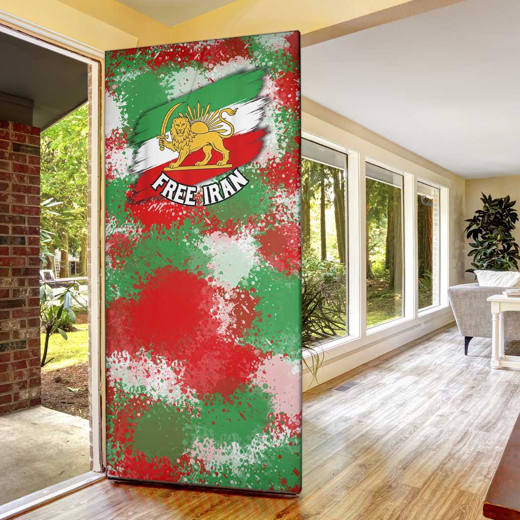 Free Iran Door Cover Lion and Sun Emblem Grunge Paint Splash Style