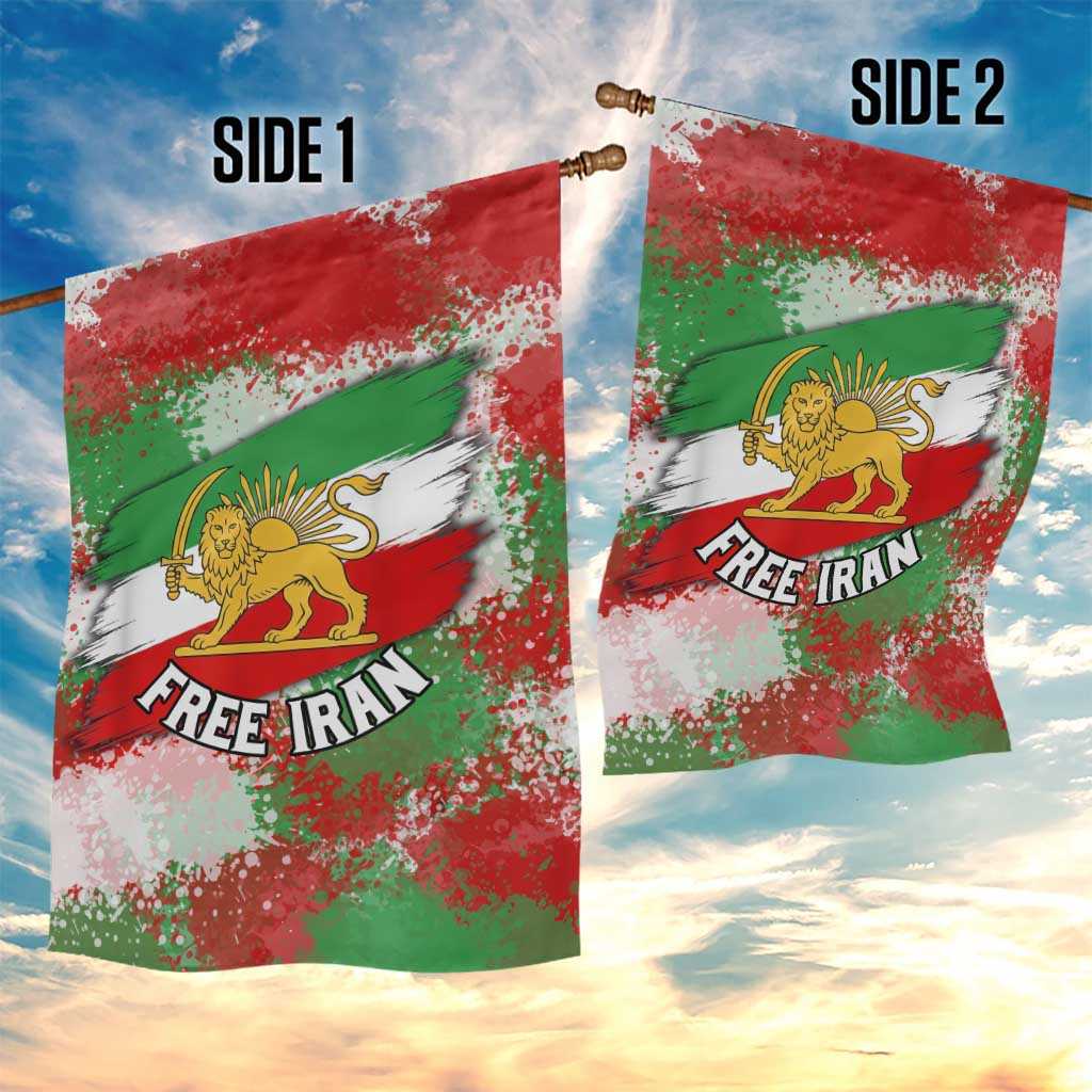 Free Iran Garden Flag Lion and Sun Emblem Grunge Paint Splash Style