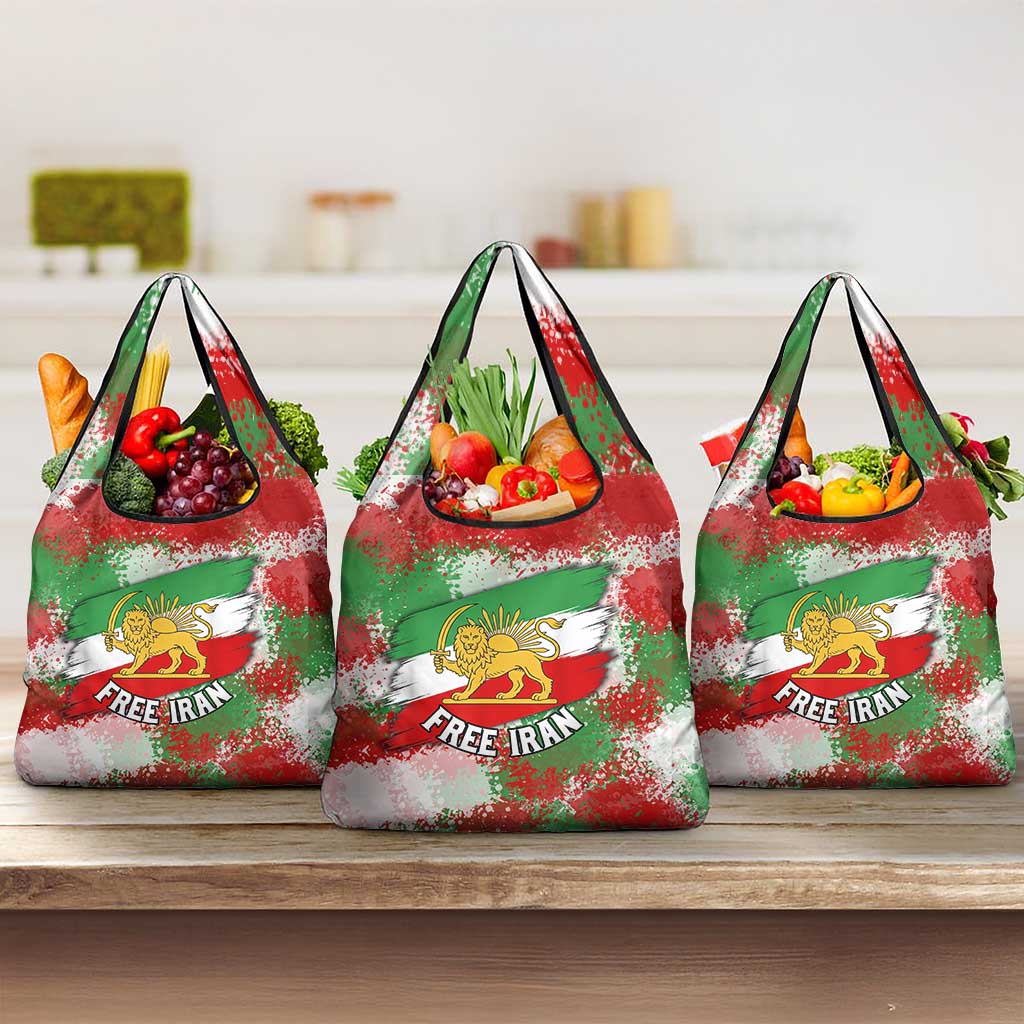 Free Iran Grocery Bag Lion and Sun Emblem Grunge Paint Splash Style