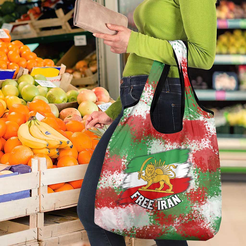 Free Iran Grocery Bag Lion and Sun Emblem Grunge Paint Splash Style