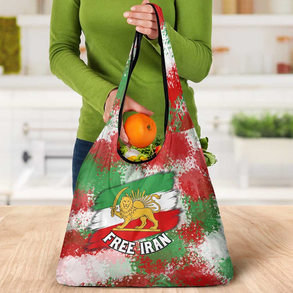 Free Iran Grocery Bag Lion and Sun Emblem Grunge Paint Splash Style