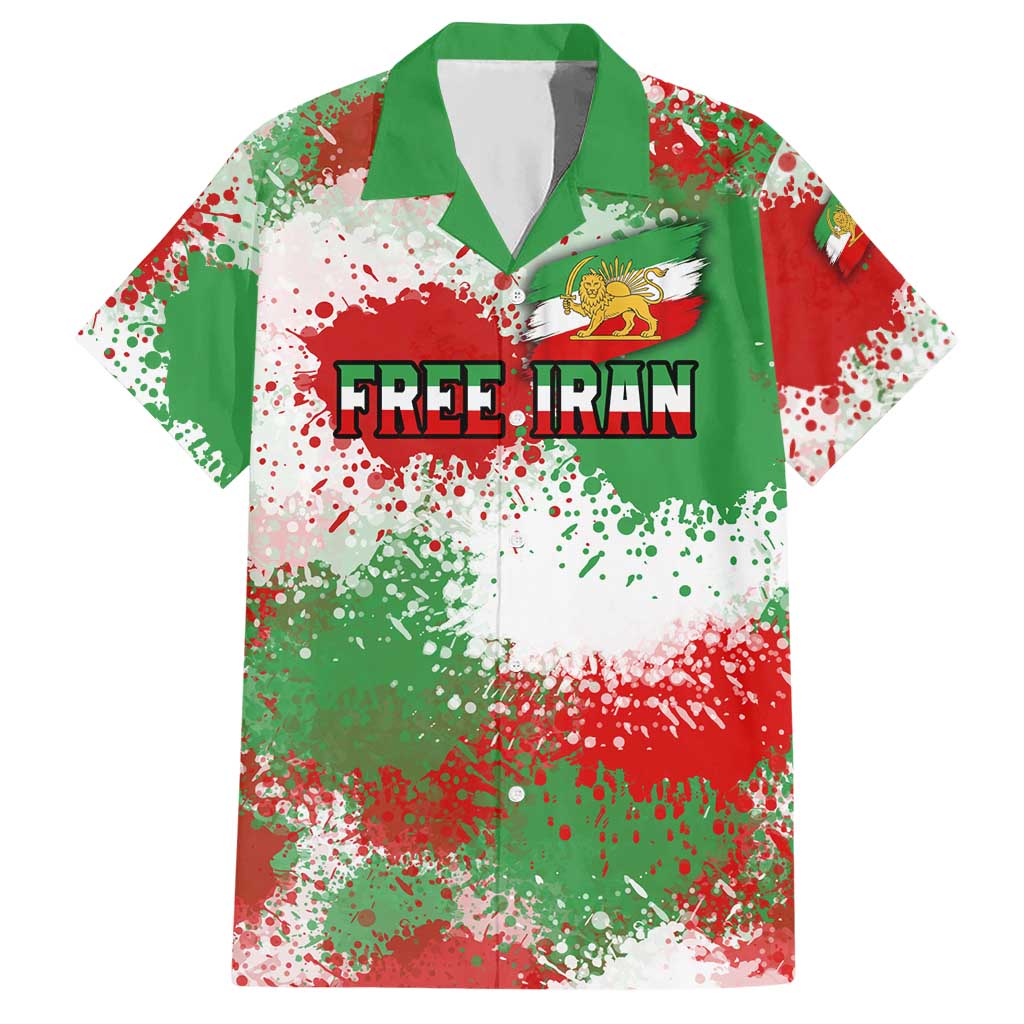 Free Iran Hawaiian Shirt Lion and Sun Emblem Grunge Paint Splash Style