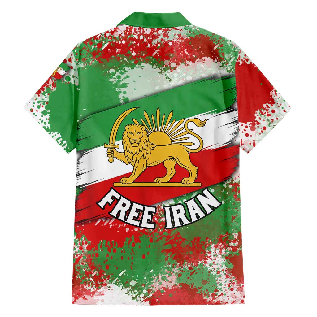 Free Iran Hawaiian Shirt Lion and Sun Emblem Grunge Paint Splash Style