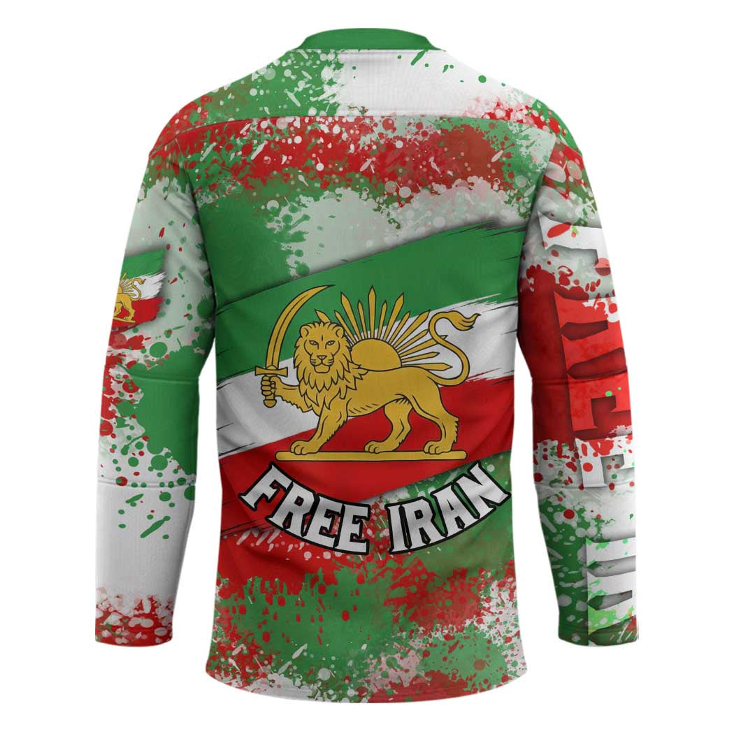 Free Iran Hockey Jersey Lion and Sun Emblem Grunge Paint Splash Style