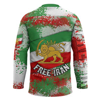 Free Iran Hockey Jersey Lion and Sun Emblem Grunge Paint Splash Style