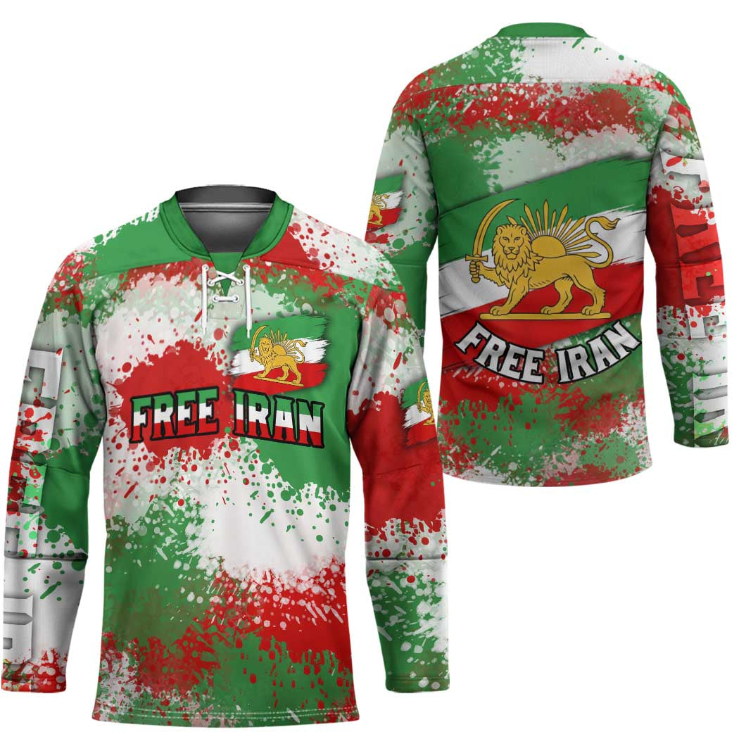 Free Iran Hockey Jersey Lion and Sun Emblem Grunge Paint Splash Style