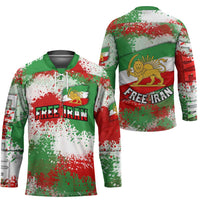 Free Iran Hockey Jersey Lion and Sun Emblem Grunge Paint Splash Style