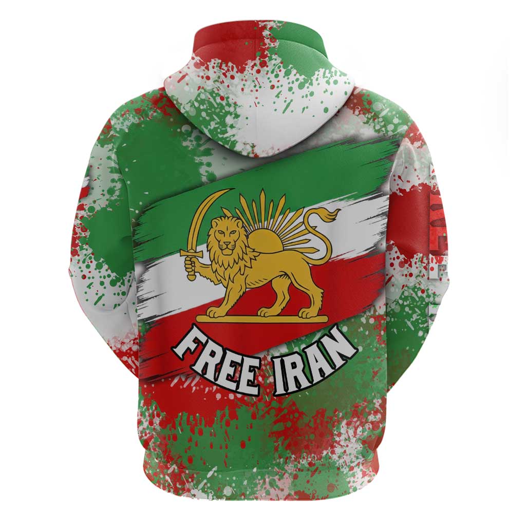 Free Iran Hoodie Lion and Sun Emblem Grunge Paint Splash Style
