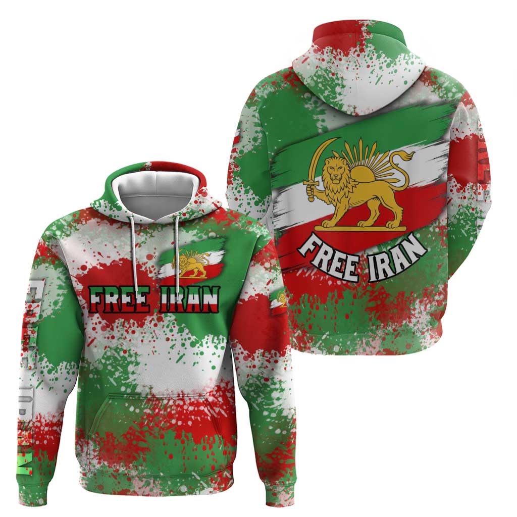 Free Iran Hoodie Lion and Sun Emblem Grunge Paint Splash Style