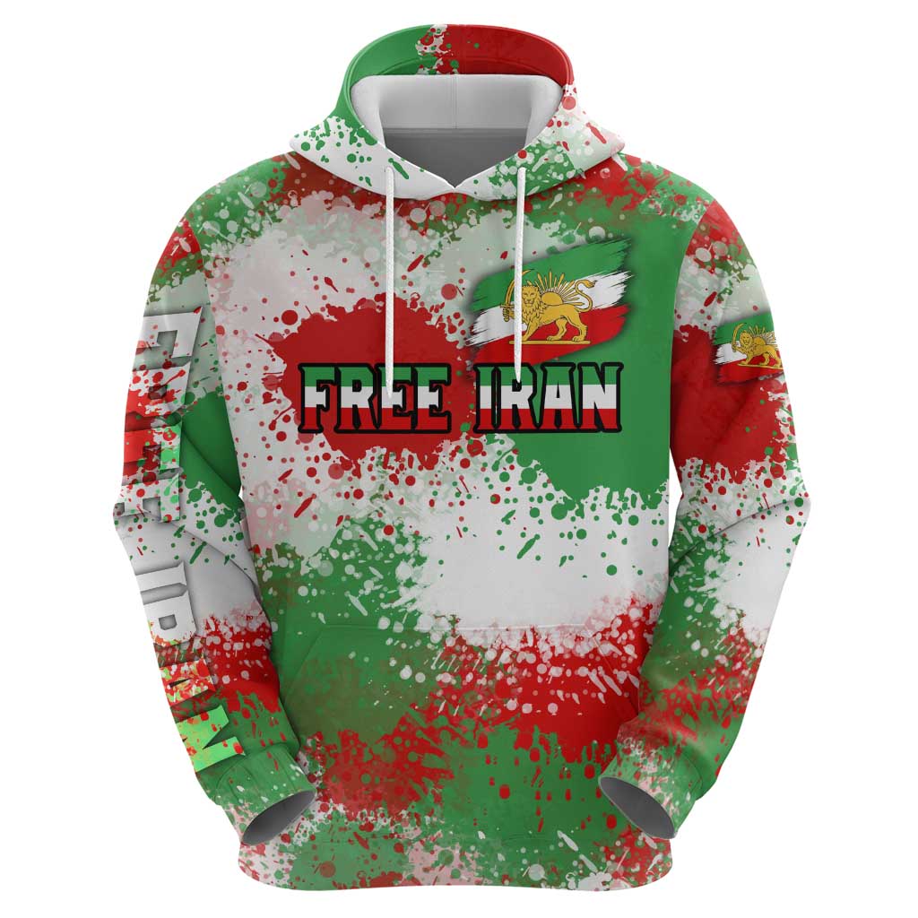 Free Iran Hoodie Lion and Sun Emblem Grunge Paint Splash Style