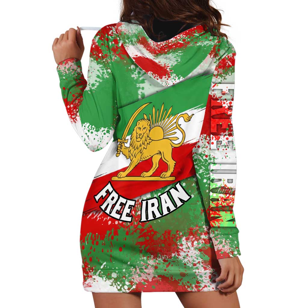 Free Iran Hoodie Dress Lion and Sun Emblem Grunge Paint Splash Style