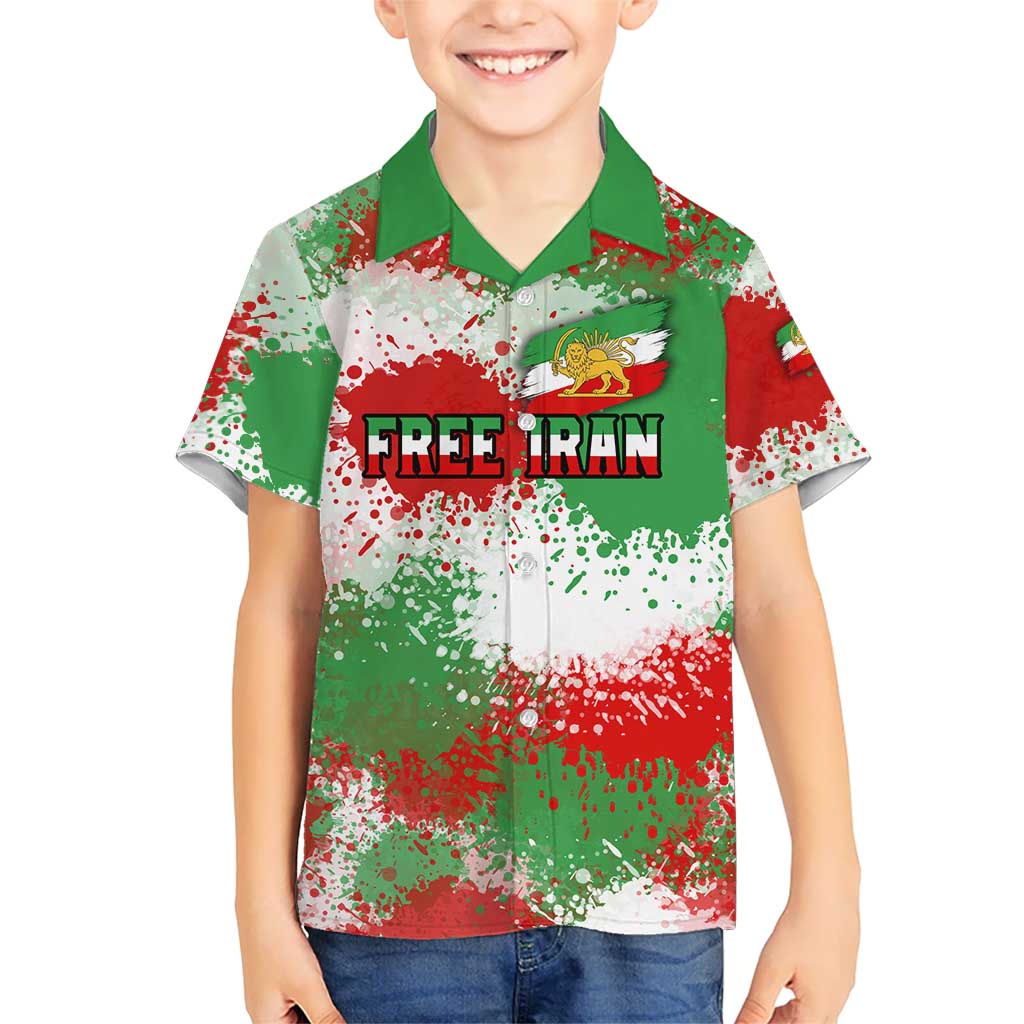 Free Iran Kid Hawaiian Shirt Lion and Sun Emblem Grunge Paint Splash Style