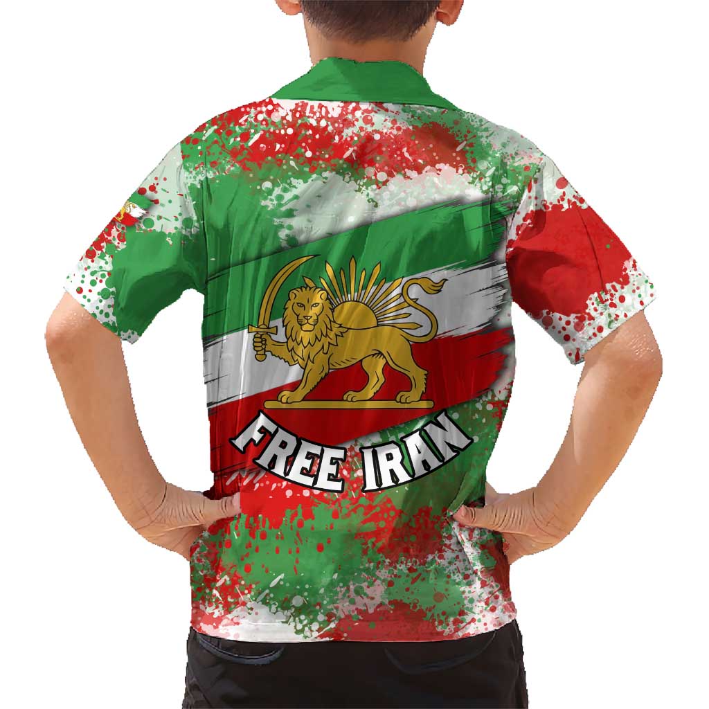 Free Iran Kid Hawaiian Shirt Lion and Sun Emblem Grunge Paint Splash Style