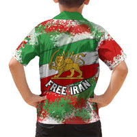 Free Iran Kid Hawaiian Shirt Lion and Sun Emblem Grunge Paint Splash Style