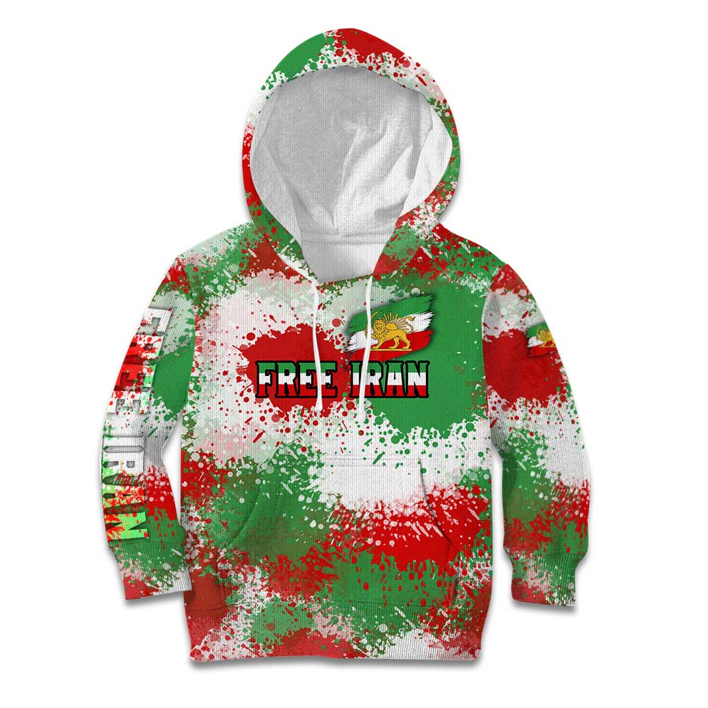 Free Iran Kid Hoodie Lion and Sun Emblem Grunge Paint Splash Style