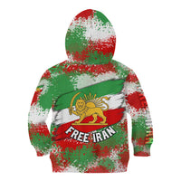 Free Iran Kid Hoodie Lion and Sun Emblem Grunge Paint Splash Style