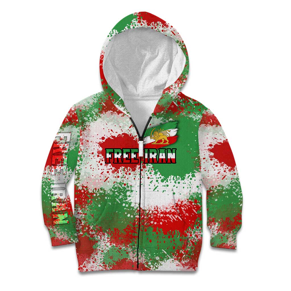 Free Iran Kid Hoodie Lion and Sun Emblem Grunge Paint Splash Style