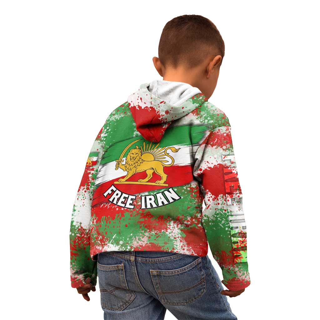Free Iran Kid Hoodie Lion and Sun Emblem Grunge Paint Splash Style