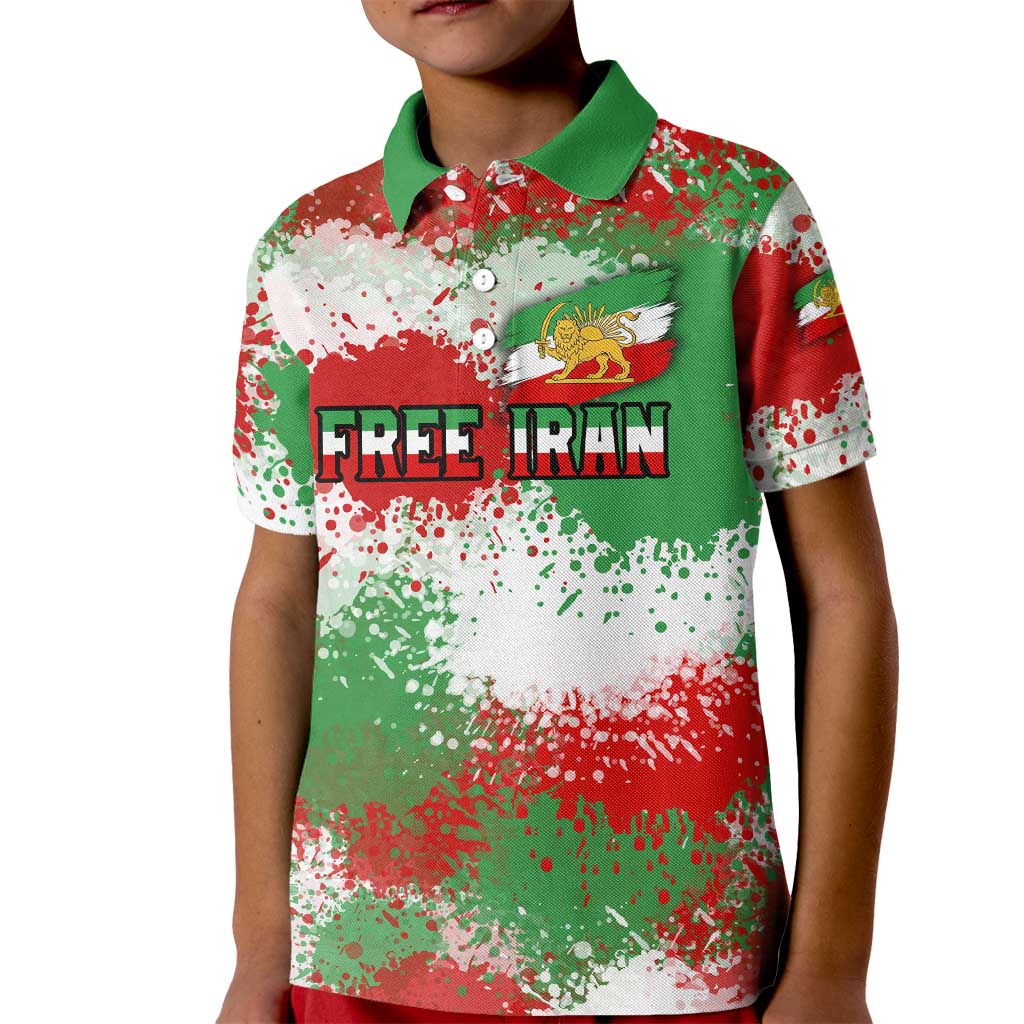 Free Iran Kid Polo Shirt Lion and Sun Emblem Grunge Paint Splash Style