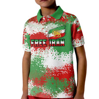 Free Iran Kid Polo Shirt Lion and Sun Emblem Grunge Paint Splash Style