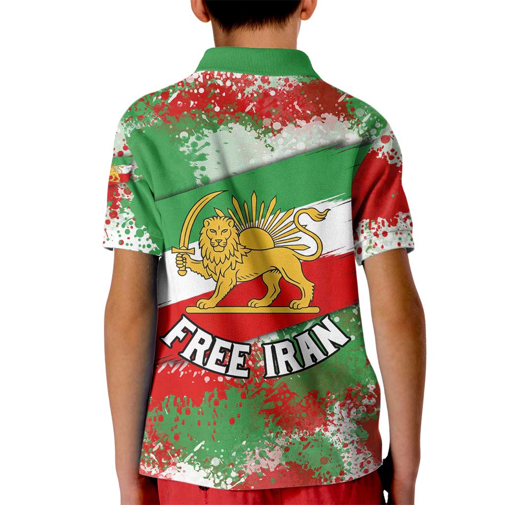 Free Iran Kid Polo Shirt Lion and Sun Emblem Grunge Paint Splash Style