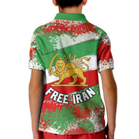 Free Iran Kid Polo Shirt Lion and Sun Emblem Grunge Paint Splash Style