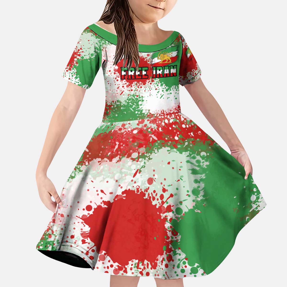 Free Iran Kid Short Sleeve Dress Lion and Sun Emblem Grunge Paint Splash Style