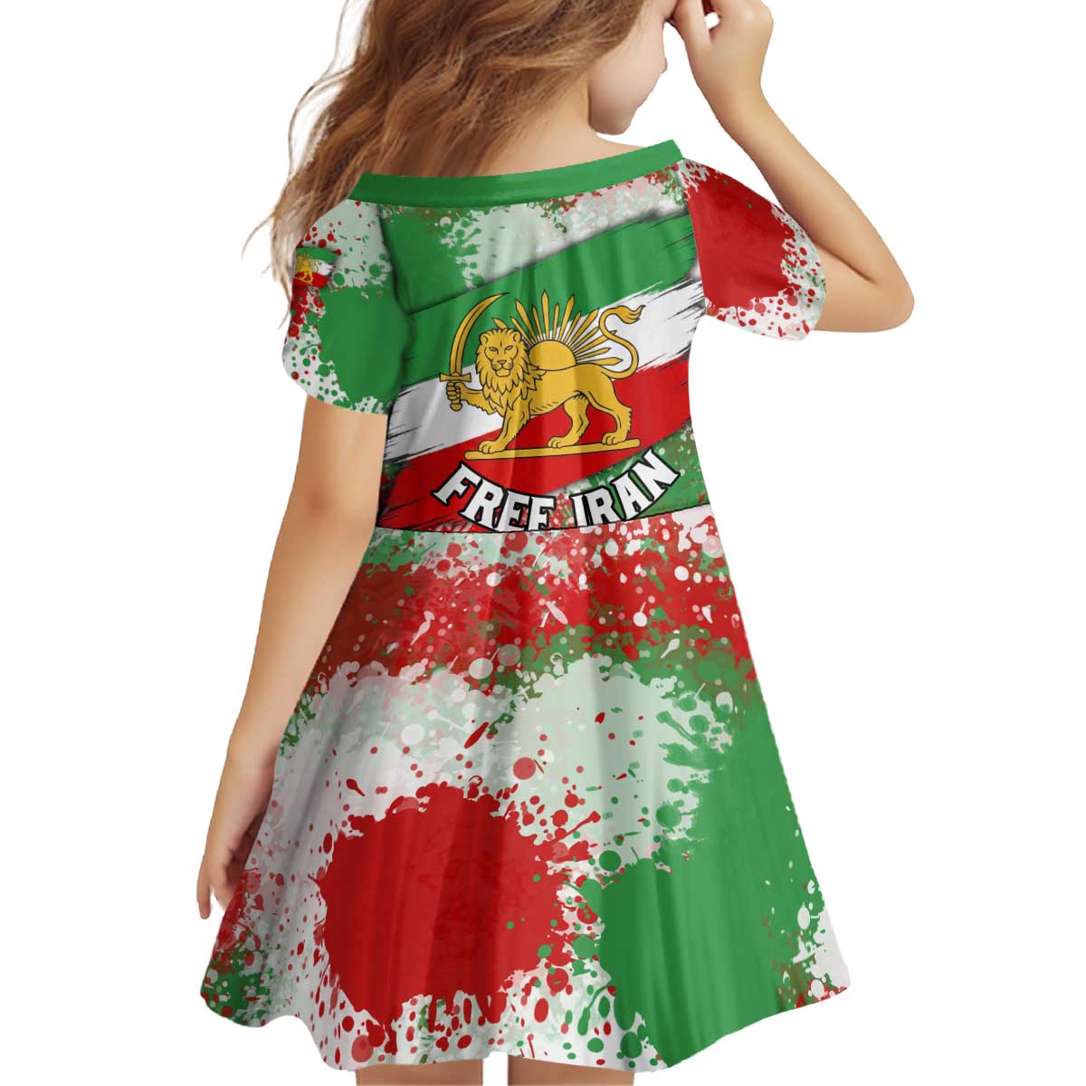 Free Iran Kid Short Sleeve Dress Lion and Sun Emblem Grunge Paint Splash Style