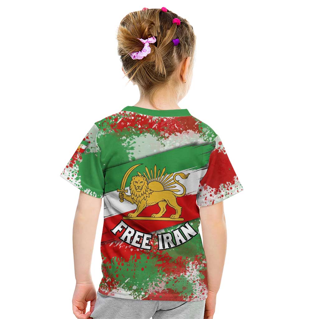 Free Iran Kid T Shirt Lion and Sun Emblem Grunge Paint Splash Style