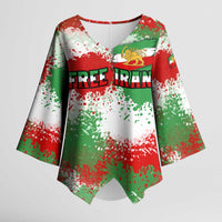 Free Iran Kimono Sleeve Blouse Lion and Sun Emblem Grunge Paint Splash Style