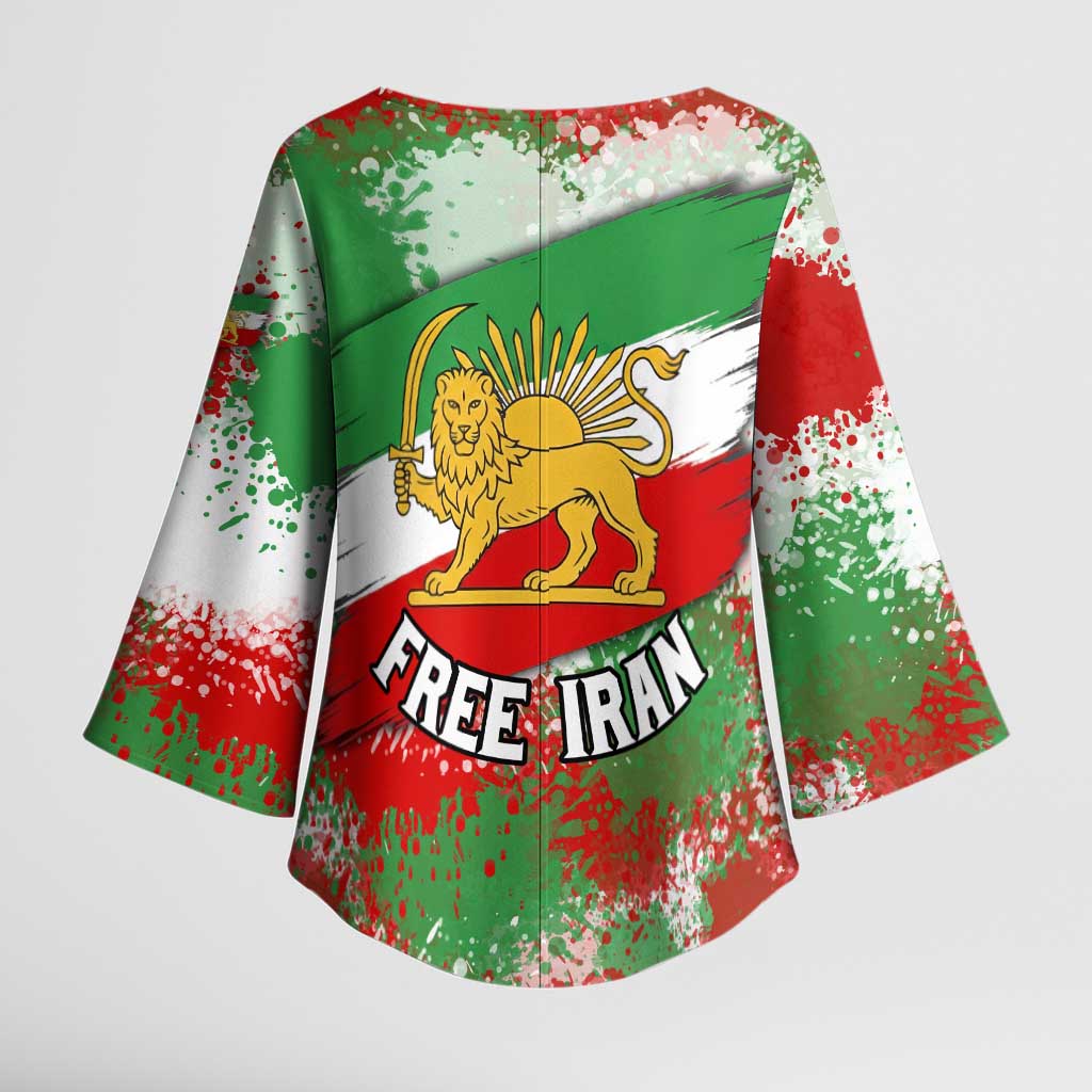 Free Iran Kimono Sleeve Blouse Lion and Sun Emblem Grunge Paint Splash Style
