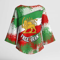 Free Iran Kimono Sleeve Blouse Lion and Sun Emblem Grunge Paint Splash Style