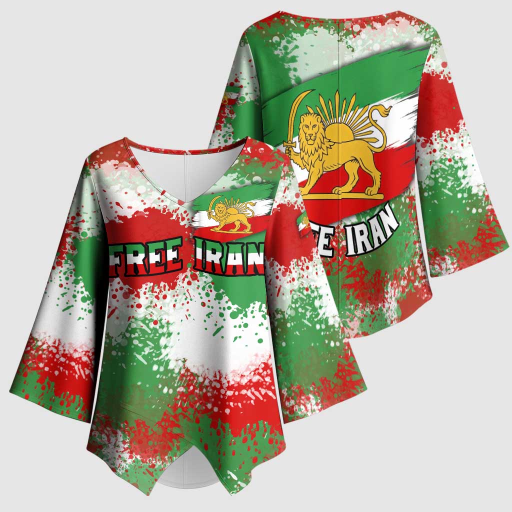 Free Iran Kimono Sleeve Blouse Lion and Sun Emblem Grunge Paint Splash Style