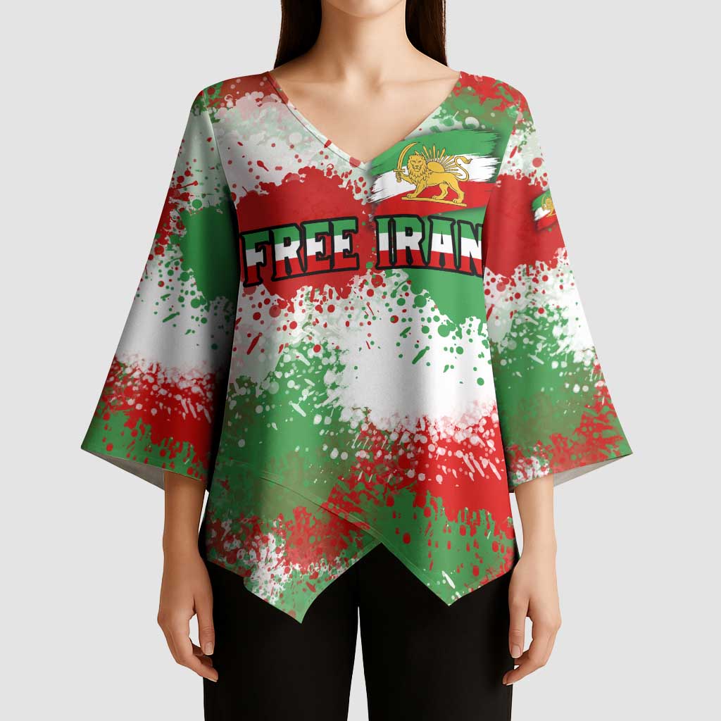 Free Iran Kimono Sleeve Blouse Lion and Sun Emblem Grunge Paint Splash Style