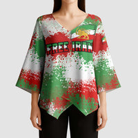 Free Iran Kimono Sleeve Blouse Lion and Sun Emblem Grunge Paint Splash Style