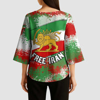 Free Iran Kimono Sleeve Blouse Lion and Sun Emblem Grunge Paint Splash Style