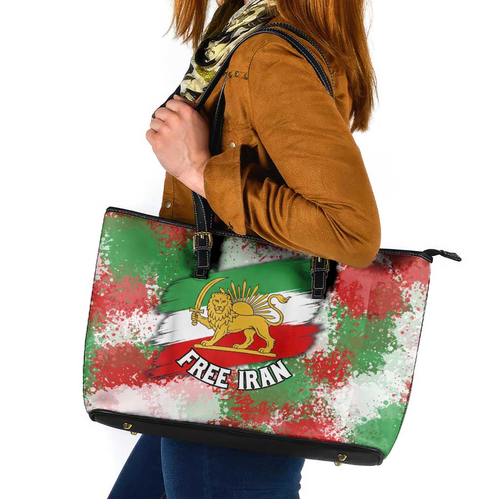 Free Iran Leather Tote Bag Lion and Sun Emblem Grunge Paint Splash Style