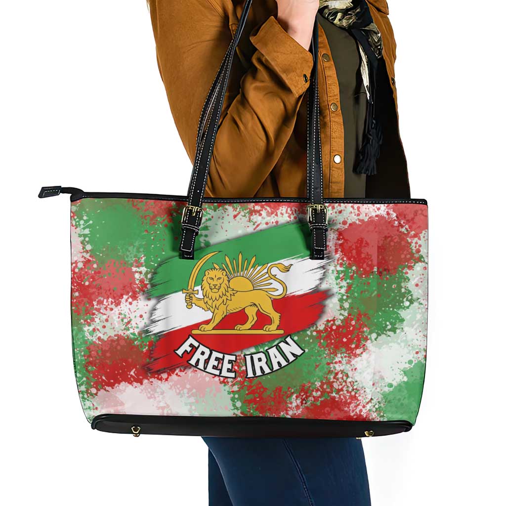 Free Iran Leather Tote Bag Lion and Sun Emblem Grunge Paint Splash Style