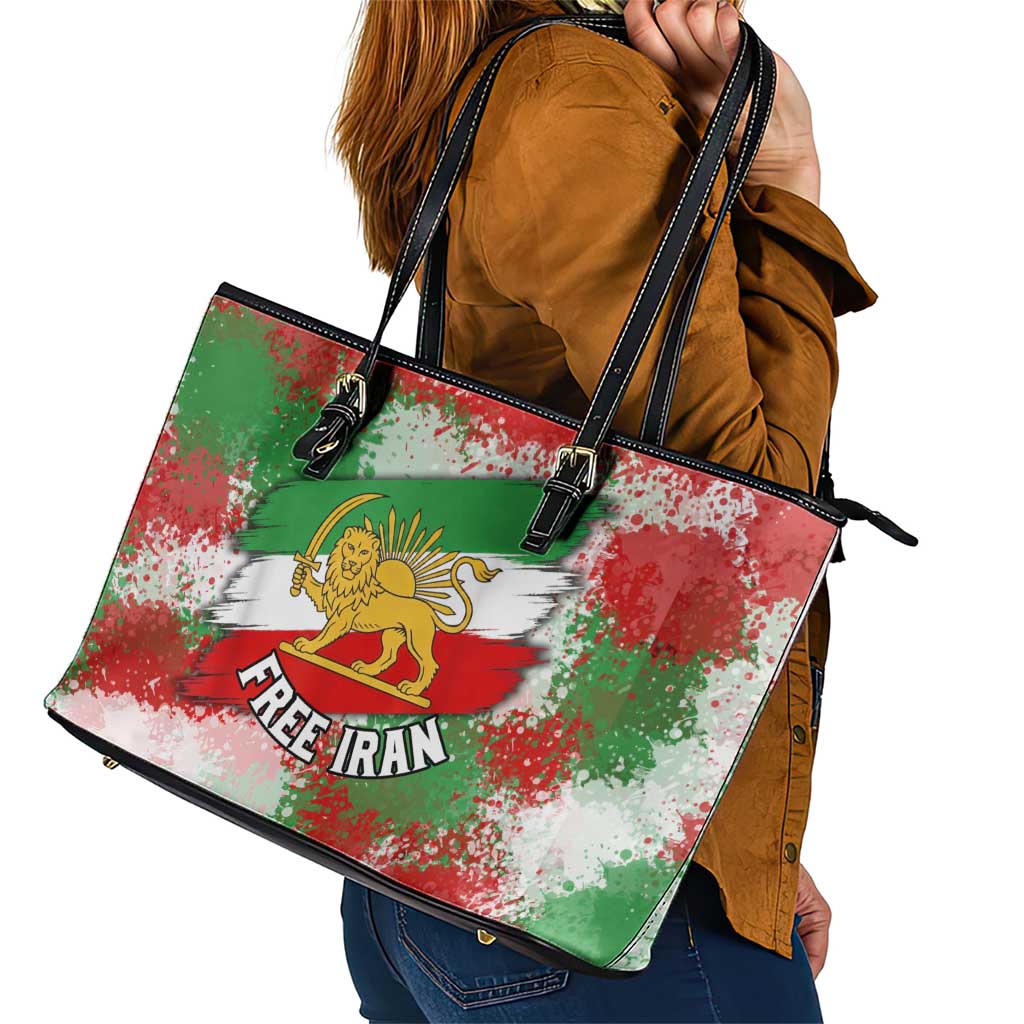 Free Iran Leather Tote Bag Lion and Sun Emblem Grunge Paint Splash Style