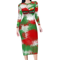 Free Iran Long Sleeve Bodycon Dress Lion and Sun Emblem Grunge Paint Splash Style