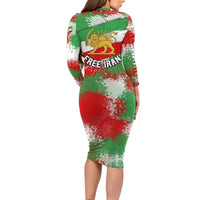 Free Iran Long Sleeve Bodycon Dress Lion and Sun Emblem Grunge Paint Splash Style